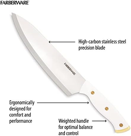 FARBERWARE 15-Piece Knife Block Set, Triple-Riveted High-Carbon Stainless Steel Kitchen Knives, Razor Sharp Blades, Wood Storage Block, White/gold, 15-Piece (Pack of 2)