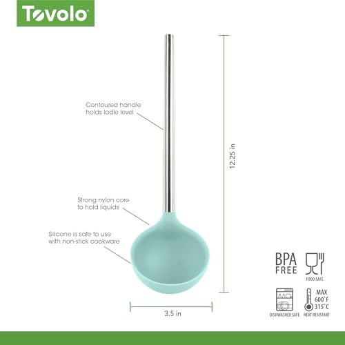 Tovolo Silicone Ladle With Stainless Steel Handle Deep Soup Ladle for Cooking Canning Serving Soup Punch Stew Sauce, Large Kitchen Utensil Spoon Dishwasher Safe BPA Free Silicone Aqua Seafoam Green