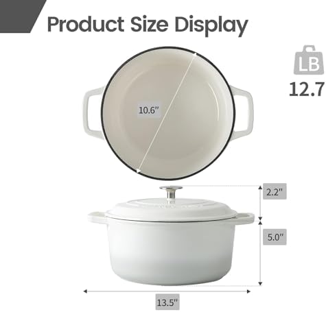 EDGING CASTING Enameled Cast Iron Dutch Oven Pot With Lid, Dutch Oven for Sourdough Bread Baking Round Pot Dule Handle, 6 Quart, White