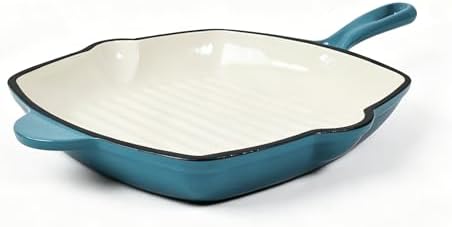 Enameled Cast Iron Square Grill Pan, Nonstick Skillet Grilling Pan (Peacock Blue, 9.5 inch)