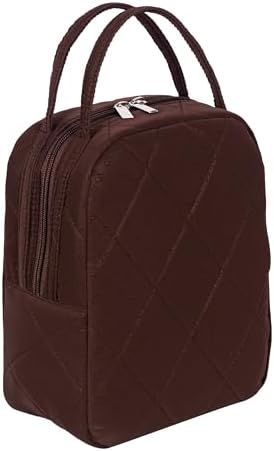 Machine Washable Women Quilted Fabric Insulated Reusable Cooler Lunch Bag Tote Adult Thermal Lunch Box Storage Bag for Ｗork (Brown)