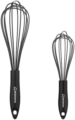 NileHome Silicone Whisk Set 8" 10" Kitchen Whisk Black,2-pack