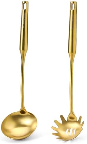 Gold Soup Ladle and Spaghetti Spoon Set - 18/10 Stainless Steel Soup Spoon，Pasta Strainer, 13.8" Kitchen Utensils for Cooking，Stirring, Serving Pasta, Soup & Sauce, Perfect Gifts