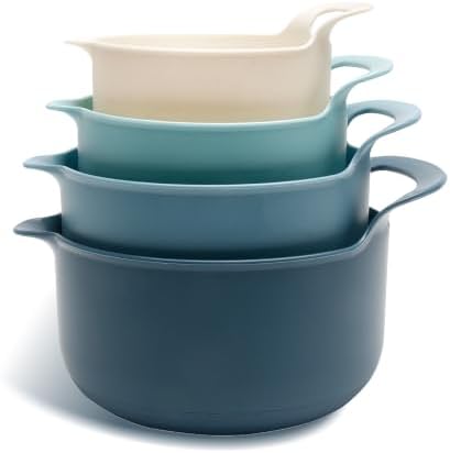 COOK WITH COLOR Nesting Plastic Mixing Bowl Set with Pour Spouts and Handles, Blue, 4 Piece Non-Slip