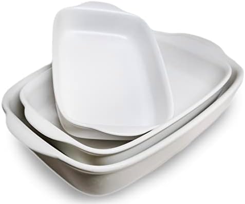 Saffron & Sage Casserole Dish Set of 3 - Baking Dishes for Oven, Contemporary White Ceramic Baking Dish Set, Heavy Duty Bakeware, Up to 500° High Heat Resistant, Dishwasher, Freezer and Food Safe