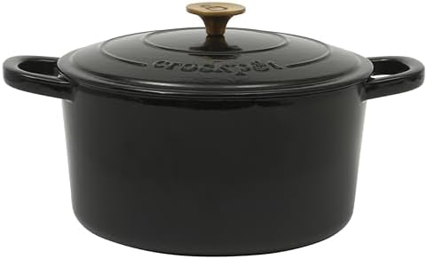 Crock Pot Artisan 7-Quart Round Cast Iron Dutch Oven with Lid – Black Enamel Finish, Gold Knob, Durable Heavy-Duty Cookware for Slow Cooking, Baking, and Roasting