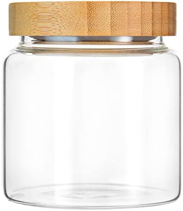 480 ml / 16 oz clear cute glass storage canister holder with airtight bamboo lid, modern decorative small container jar for coffee, spice, candy, salt, cookie, condiment, pepper, sugar