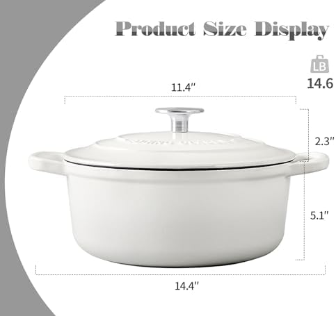 EDGING CASTING Cast Iron Dutch Oven With Lid Round Pot Enameled Covered for Bread Baking, 7 Quart, White