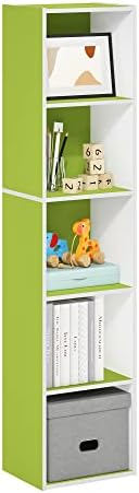 Furinno PASIR Book Shelf, 5-Tier Modern Bookshelf, Open Shelves Bookcase 9 x 12 x 52, Easy Assembly, for Living Room, Bedroom, Home Office, Green/White
