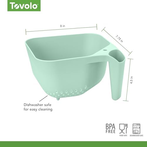 Tovolo Elements Square Colander with Handle Strainer Basket for Pasta Fruit Berries Veggies, Easy to Clean BPA Free Heat Resistant Plastic Colander with Spout 3 Quart Kitchen Strainer, Mint Green