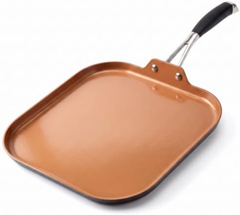 NutriChef Copper Pan Non-Stick Coating Inside, Hard-Anodized Look Heat Resistant Lacquer Outside, Silicone Handle NCSQPA, 1 Griddle
