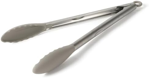 Calphalon Edge Kitchen Tongs, Stainless Steel Locking Tongs with Heat-Resistant Silicone Heads, Nonstick-Safe Cooking Tongs for Grilling, Serving & Food Prep, Taupe