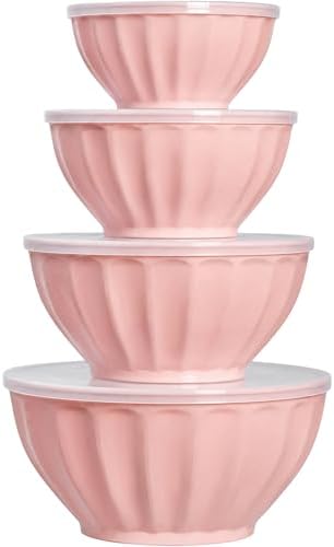 BoxedHome Mixing Bowls with Lids Set, 8 pieces Large 0.2” Thick Plastic Nesting Mixing Bowl, Microwave Safe,Size 5.92, 4.12,3.06,1.80 Quart, Pink