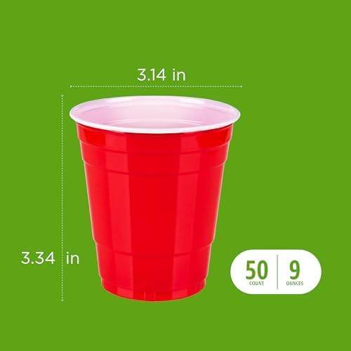 Amazon Basics Small Disposable Red Plastic Party Cups, BPA-Free, 9oz, 50 Count