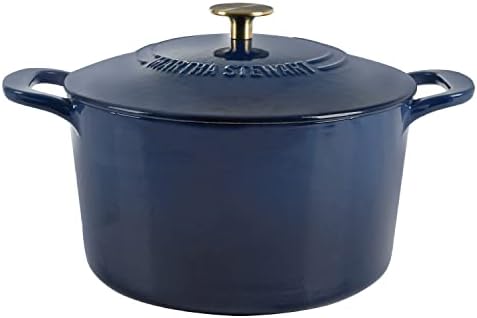 MARTHA STEWART Gatwick 7-Quart Enamel Cast Iron Dutch Oven Pot with Lid – Navy Blue with Gold Knob – Durable Heavy-Duty Dutch Oven for Slow Cooking & Braising