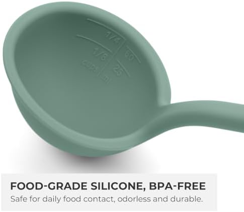 Elihome Classic 10.5 inch Silicone Soup Ladle Cooking Spoon: 600ºF Heat Resistant 2 oz Non-stick Seamless Deep Serving Spoon with Non Slip Long Handle for Cooking Sauce Stews Gravy Sage Green
