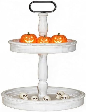 Krismax Decorative Trays - Two Tiered Tray Stand Rustic Tiered Tray Decor 2 Tiered Tray Serving Tray Seasonal & Holiday Decoration Wooden Tray for Coffee Table Farmhouse Display Stand Tray