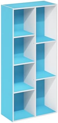 Furinno LUDER Book Shelf, 7-Cube Bookshelf, Bookcase with Open Shelves, 9.4 x 19.5 x 41.7, Easy Assembly, for Living Room, Bedroom, Home Office, White/Light Blue