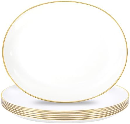 WDF 6Pcs Gold Plastic Serving Trays - 12 Inch White and Gold Oval Disposable Plates - Heavy Duty White Plastic Serving Platters for Wedding/Birthday/Dinner Party/BBQ/Holiday Gatherings