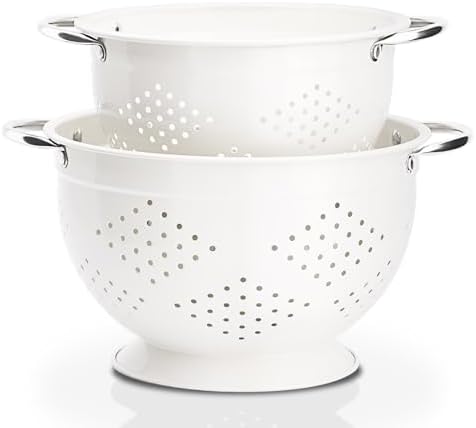 Rorence Powder Coated Steel Colanders: 3 Quart and 5 Quart Set of 2 - White