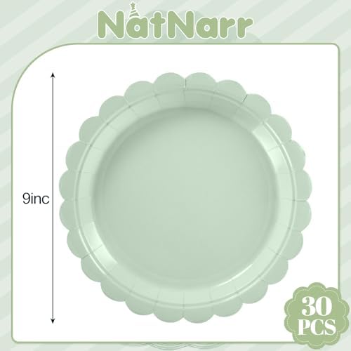 NatNarr 30 Pcs Sage Green Paper Plates 9 Inch Disposable Scalloped Wedding Plates Cute Dessert Cake Plate Party Dinner Plate for Bridal Baby Shower Engagement Reception Birthday (Pack of 3)