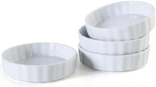 6oz Creme Brulee Ramekins Set of 4 - Ceramic Baking Dishes, Non-Stick Porcelain Pie Dish, Wave Round Baking Dish for Dessert, Pie, Tart, Souffles, Appetizers, Oven and Dishwasher Safe