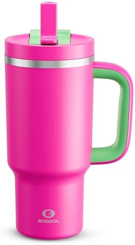 ENCOOL 32 oz Tumbler with Handle and Straw: Stainless Steel Insulated Tumbler Keeps Cold for 24 Hours, Leakproof Travel Cup Fits in Cup Holder and BPA-Free,Knockout Pink