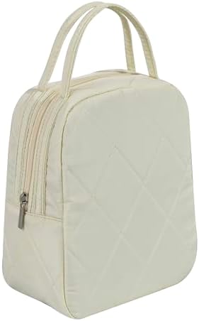Machine Washable Women Quilted Fabric Insulated Reusable Cooler Lunch Bag Tote Adult Thermal Lunch Box Storage Bag for Ｗork (Cream)