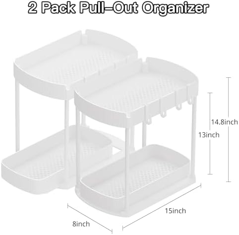 2 Packs Under Sink Pull-Out Storage Organizers, 14.8 Inches, White