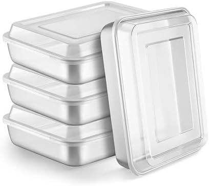LIANYU 10 x 8 x 2 Inch Rectangular Baking Pan with Lid, 4 Pack Stainless Steel Sheet Cake Pan Set, Brownie Lasagna Bakeware for Kitchen Cooking, Dishwasher & Oven Safe (4 Pan +4 Lid)