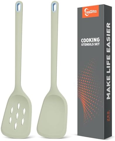 Silicone Spatula Set of 2 Pack, Heat Resistant Solid&Slotted Turner (GREEN)