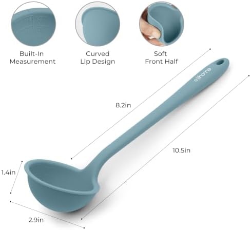 Elihome Classic 10.5 inch Silicone Soup Ladle Cooking Spoon: 600ºF Heat Resistant 2 oz Non-stick Seamless Deep Serving Spoon with Non Slip Long Handle for Cooking Sauce Stews Gravy - Teal Grey