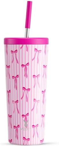 Meoky 24 oz Insulated Tumbler with Lid and Straw, Stainless Steel Vacuum Insulated Tumbler, Keeps Cold for 24 Hours, 100% Leak Proof, Fits in Car Cup Holder (Bow)
