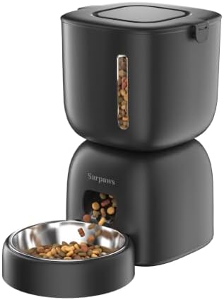SARPAWS Automatic Cat Feeder, 3L Timed Pet Food Dispenser with 304 Stainless Steel Bowl, 10s Voice Recorder, Dual Power 180-Day Battery Life, Anti-Clogging Auto Pet Feeder for Small Cats and Dogs