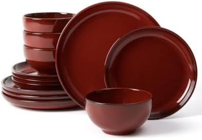 Pokini Stoneware Dinnerware Sets for 4, 12pcs Plates and Bowls Sets Dishes