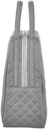 Machine Washable Women Quilted Fabric Insulated Reusable Cooler Lunch Bag Tote Adult Thermal Lunch Box Storage Bag for Ｗork (Grey)