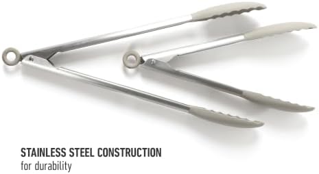 Calphalon Edge Tongs Set, Stainless Steel Kitchen Tongs Set with Silicone Heads, Includes 9" / 12" Heat-Resistant Locking Tong for Cooking, Grilling & Serving, Taupe, 9 inch/12 inch (Pack of 4)