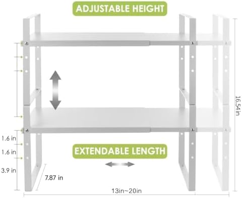 Across-Star Expandable Cabinet Shelf Organizer Rack, Stackable Kitchen Counter Storage Shelves Stand, Adjustable Height Pantry Shelf Spice Rack (White, 2 Pack)