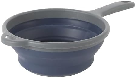 Oster Bluemarine Foldable Handled Strainer – 7-Inch Collapsible Colander for Pasta, Veggies, Fruits, Compact Kitchen Tool, Dishwasher Safe, Blue/Grey