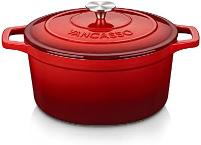 vancasso 6 Qt Round Enameled Cast Iron Dutch Oven with Lid & Handles, Red
