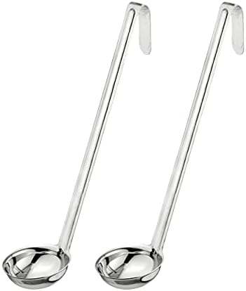 Fit Meal Prep [2 Pack] 2 oz Stainless Steel Soup Ladle, One-Piece Sauce Spatula with Hook Handles, Commercial Grade Serving Spoon, Kitchen Tool for Restaurant or Home Cooking, Mirror Finish, 12" Long