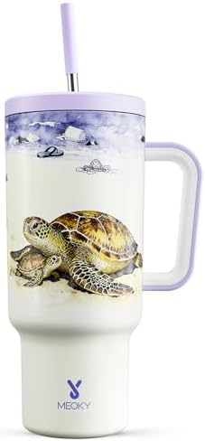 Meoky 40 oz Tumbler with Handle and Straw: Stainless Steel Insulated Tumbler with Lid and Straw - 100% Leak Proof Tumbler for Car Cup Holders - Travelers Commuters Workers, Sea Turtle