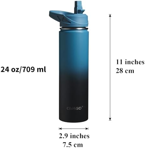 CIVAGO 24 oz Insulated Stainless Steel Water Bottle With Straw and 3 Lids