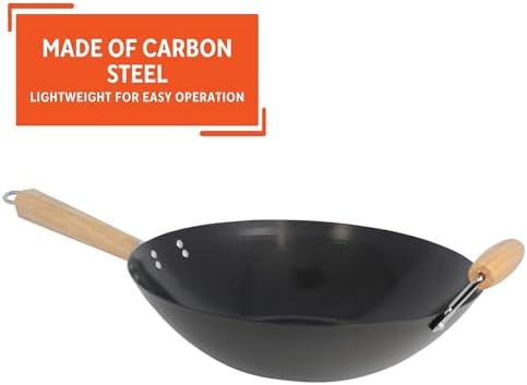 IMUSA 14 Inch Carbon Steel Nonstick Wok with Wood Handles, Black