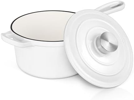 E-far Enameled Cast Iron Sauce Pan with Lid, 1 Quart Dutch Oven Saucepan, Mini Sauce Pot for Cooking, Boiling, Healthy & Non Toxic, Induction & Oven Safe, White