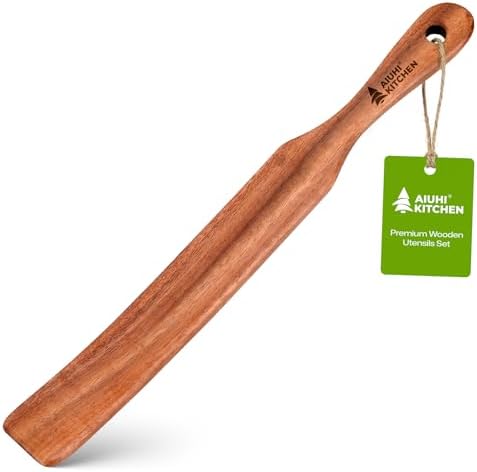 AIUHI Wooden Spurtle for Sourdough Starter, Teak Wood Spatula Turner for Kitchen, Dough Whisk for Stirring, Mixing and Scraping