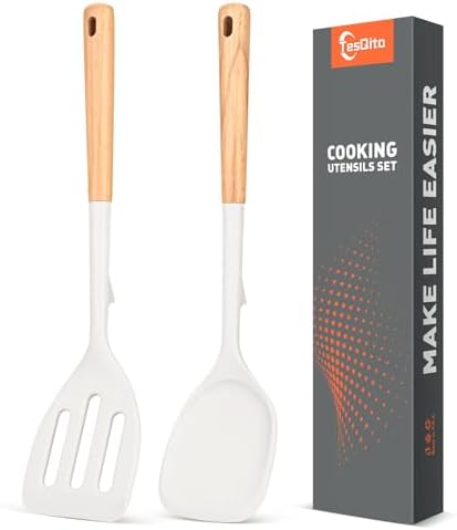 Extra Large Silicone Spatula Turner Set with Wooden Handle (White)