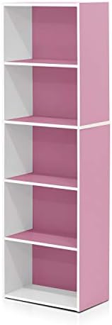 Furinno LUDER Book Shelf, 5-Tier Bookshelf, Bookcase with Open Shelves, 9.4 x 15.8 x 52, Easy Assembly, for Living Room, Bedroom, Home Office, White/Pink