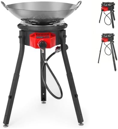 OuterMust Outdoor Cooker Wok Station with Iron Wok, Electronic Ignition and Propane Burner 54000 BTU with Adjustable Support Stand for BBQ, Backyard