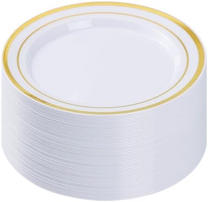 BESTVIP 50Pcs Gold Plastic Plates, 10.25 Inch Disposable Party Plates